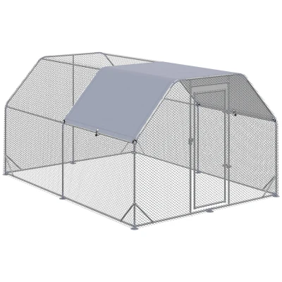 PawHut Chicken Run, Galvanized Large Metal Chicken Coop Cage, Walk-in Enclosure Poultry Hen Run House Playpen Rabbit Hutch with Flat Roof, Cover, 9.2' x 12.5' x 6.5', Silver