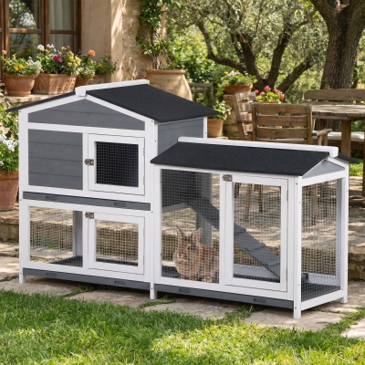 PawHut 2-tier Wooden Rabbit Hutch w/ Ramp and Outdoor Run, Grey