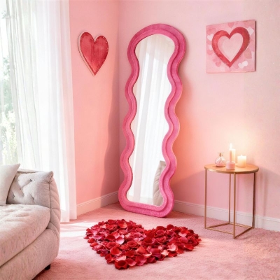 Flannel-Covered Wavy Full-Length Floor Mirror with True-Reflection Glass, Rose