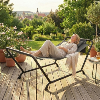 Outsunny Outdoor Hammock with Stand Heavy Duty Freestanding Nap Bed with Side Pocket Headrest for Yard Patio Pool, Dark Grey