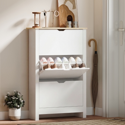 HOMCOM Shoe Storage Cabinet with 3 Flip Drawers and Adjustable Shelves for 9-18 Pairs of Shoes, White