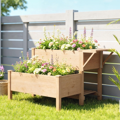 Outsunny Wooden Raised Garden Bed, 2-Tier Raised Planter with Storage Shelf, Side Board, Drainage Holes and Liner