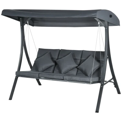 Outsunny 3-Person Patio Swing Chair, Outdoor Porch Swing Bench with Adjustable Canopy, Cushioned Seat, Dark Grey