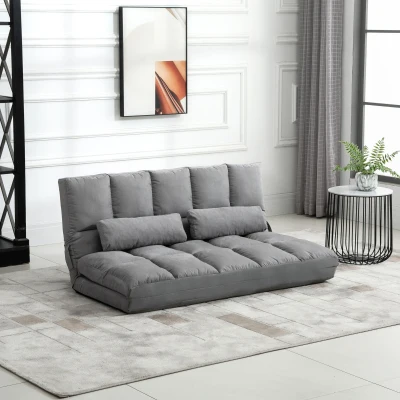 HOMCOM Convertible Floor Sofa Chair Bed with Pillows, Light Gray