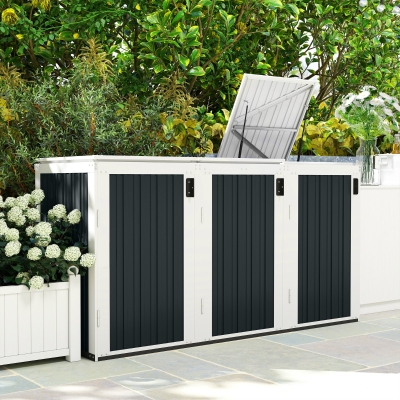 Outsunny Outdoor Storage Shed Rustproof Garbage Bin Shed with Gas Struts Magnetic Doors for 3 Bins White and Grey