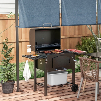Outsunny Charcoal Smoker Adjustable Height, Folding Shelves, Thermometer, and Wheels, Black