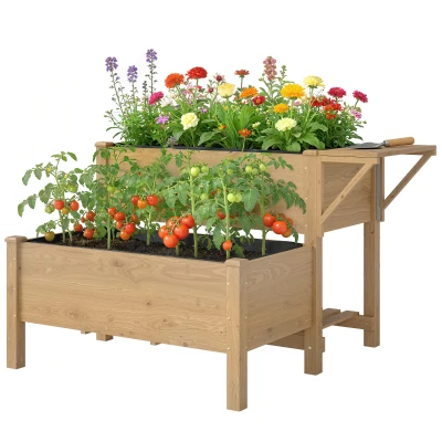 Outsunny Wooden Raised Garden Bed, 2-Tier Raised Planter with Storage Shelf, Side Board, Drainage Holes and Liner