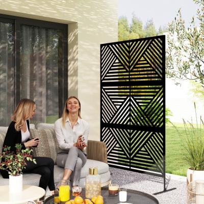 Outsunny Metal Outdoor Privacy Screen, Freestanding Outdoor Divider with Stand, Decorative Privacy Panel, 78" x 48", Black