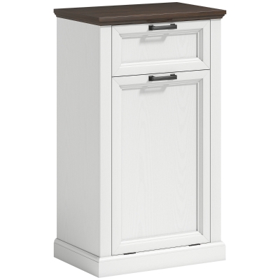 HOMCOM 10 Gallon Trash Can Cabinet with Drawer, Farmhouse Tilt Out Garbage Cabinet Laundry Hamper, White Wood Effect