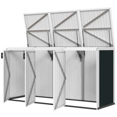 Outsunny Outdoor Storage Shed Rustproof Garbage Bin Shed with Gas Struts Magnetic Doors for 3 Bins White and Grey