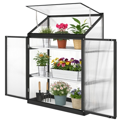 Outsunny Polycarbonate Greenhouse with 2-Tier Shelves Gardening Green House for Patio Garden, Black