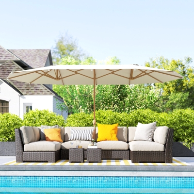 Outsunny Double Garden Parasol 179.1"W x 104.3"D with Crank, 12 Steel Ribs & 180g/㎡ Polyester, UV30+ Protection, Beige