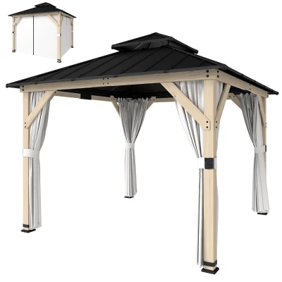 Outsunny 10' x 10' Outdoor Hardtop Gazebo with Double Steel Roof, Wood Patio Gazebo with Curtains, Hook, Light Grey