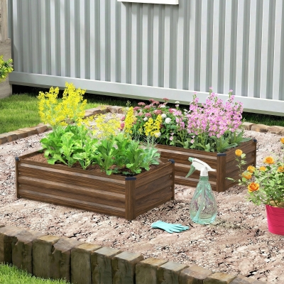 Outsunny Set of 2 Galvanized Raised Beds for Garden, Outdoor Planter Box for Flowers, Herbs and Vegetables, Dark Brown