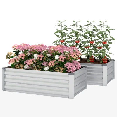 Outsunny Set of 2 Galvanized Raised Beds for Garden, Outdoor Planter Box for Flowers, Herbs and Vegetables, Grey