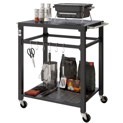 Outsunny Outdoor Grill Cart, Pizza Oven Stand with Steel Top, 2-Tier Kitchen Prep Station with Hooks, Handle, Wheels, Black