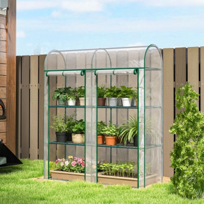Outsunny 3 Tier Mini Greenhouse, Portable Greenhouse with 2 Roll-up Doors, 56.3" x 18.1" x 64.6", Clear