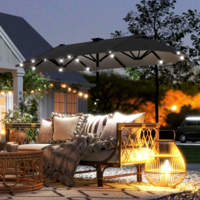 Outsunny 10ft Double-Sided Patio Umbrella with 35 LED Lights, 12 ribs, Extra Large Outdoor Parasol with Twin Canopy, Dark Grey
