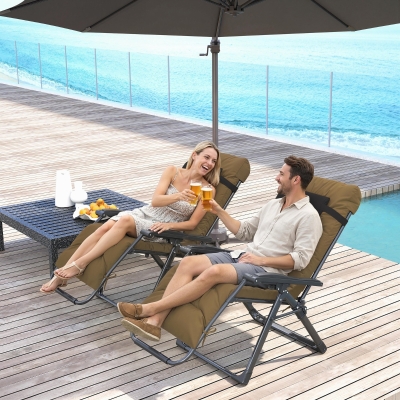 Outsunny Folding Garden Chairs Set of 2, Reclining Zero Gravity Chair, Sun Lounger with Cushion and Headrest, Khaki