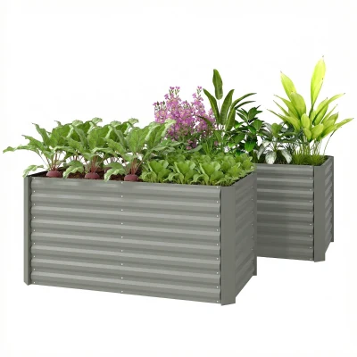 Outsunny Set of 2 Galvanized Metal Planters for Outdoor Plants, 4' x 2' x 2' Raised Garden Bed, Light Grey