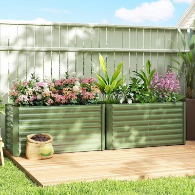 Outsunny Set of 2 Galvanized Metal Planters for Outdoor Plants, 4' x 2' x 2' Raised Garden Bed, Light Green