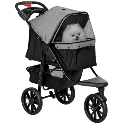 PawHut 3 Wheel Folding Dog Stroller, Travel Carrier with Adjustable Canopy, Storage Brake, Mesh Window for S&M Dogs Grey