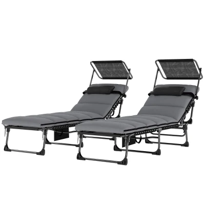 Outsunny Outdoor Chaise Lounge Chairs, 2 PCS Folding Lounge Chairs with Adjustable 5-Position, Cushion, Canopy, Side Pocket