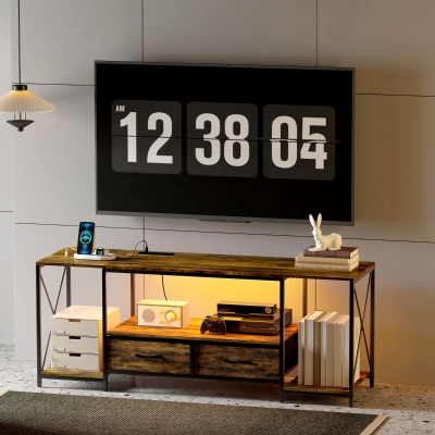 HOMCOM Industrial TV Stand for up to 55 Inch TV, TV Console with Charging Station and RGB LED Lights, Rustic Brown