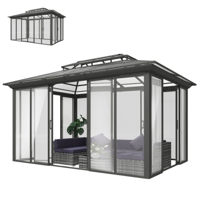Outsunny 10' x 14' Outdoor Hardtop Gazebo, Aluminum Sun Room Solarium with Sliding Doors, Double Roof Patio Gazebo, Dark Grey