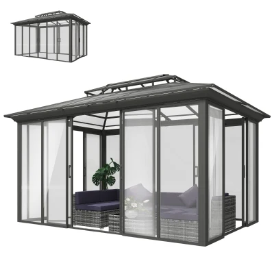 Outsunny 10' x 14' Outdoor Hardtop Gazebo, Aluminum Sun Room Solarium with Sliding Doors, Double Roof Patio Gazebo, Dark Grey