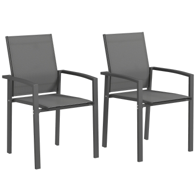 Outsunny Set of 2 Outdoor Garden Chairs, Stackable Patio Dining Chairs with Breathable Fabric, Armrests and Backrest, Dark Grey