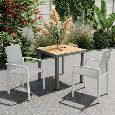 Outsunny Set of 2 Outdoor Garden Chairs, Stackable Patio Dining Chairs with Breathable Fabric, Armrests and Backrest, Light Grey