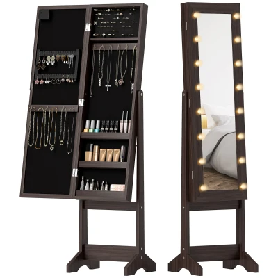 HOMCOM Free Standing Armoire Organizer, Lighted Mirrored Jewelry Cabinet w/ Angle Adjustable & 16 LED Lights, Dark Brown