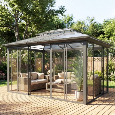 Outsunny 10' x 14' Outdoor Hardtop Gazebo, Aluminum Sun Room Solarium with Sliding Doors, Double Roof Patio Gazebo, Dark Grey