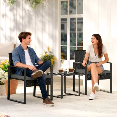 Outsunny Outdoor Bistro Set, 3 Piece Wicker Patio Furniture Set with Glass Top Table and Cushions for Porch, Balcony, Dark Grey