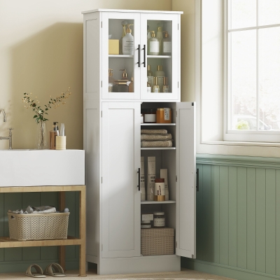 HOMCOM Tall Bathroom Cabinet with Glass Doors, Space-Saving Unit with Adjustable Shelves, Freestanding Storage, White