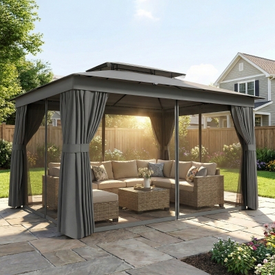 Outsunny 10' x 12.5' Outdoor Gazebo with Curtains and Netting, Double Roof Metal Patio Gazebo Canopy Shelter with Hook, Dark Grey