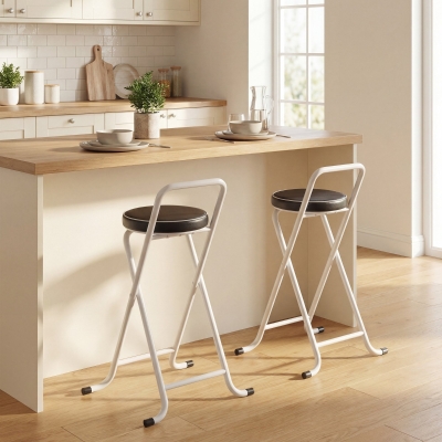 HOMCOM Foldable Bar Stools Set of 2, Folding Kitchen Chairs with PU Cushioned Seat, Footrest, Black