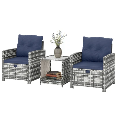 Outsunny 5 Piece Patio Furniture Set, Wicker Patio Chairs with Ottomans, 2-Tier Glass Coffee Table and Cushions, Grey/Dark Blue