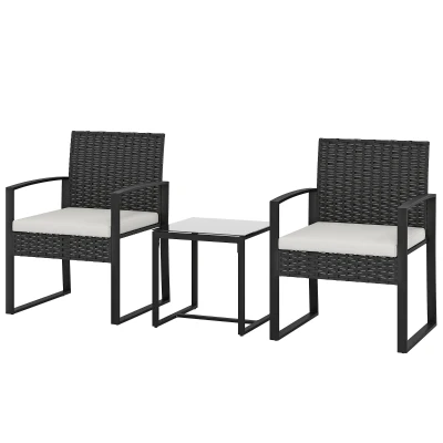 Outsunny Outdoor Bistro Set, 3 Piece Wicker Patio Furniture Set with Glass Top Table and Cushions for Porch, Balcony, Cream White