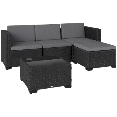 Outsunny 5 Piece Patio Furniture Set, L-Shape Wicker Outdoor Sectional with 3 Chairs, Ottoman, Glass Table, Cushions, Grey