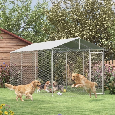 PawHut 19.7' x 7.5' x 7.5' Outdoor Dog Kennel for Large-Sized Dogs with Waterproof UV Resistant Roof, Silver