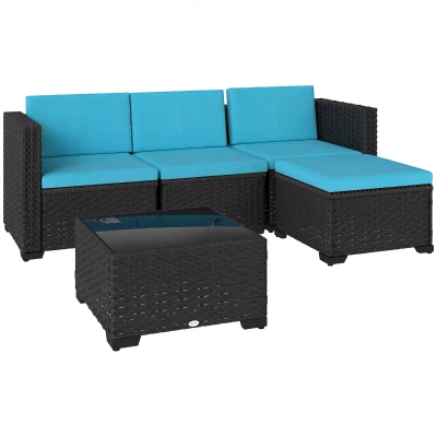Outsunny 5 Piece Patio Furniture Set, L-Shape Wicker Outdoor Sectional with 3 Chairs, Ottoman, Glass Table, Cushions, Turquoise