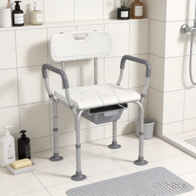 HOMCOM 3-in-1 Shower Chair with Back, Adjustable Bedside Commode, Raised Toilet Seat w/ Rubber Foot Pad for Seniors, Disabled