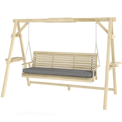 Outsunny 3-Seat Wooden Patio Swing with Stand & Cushion, Natural Wood