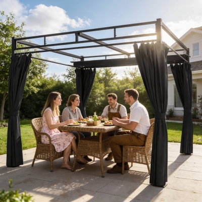 Outsunny 10' x 10' Outdoor Gazebo, Retractable Pergola Canopy with Curtains, UPF30+ Free Standing Metal Pergola Kit, Dark Grey