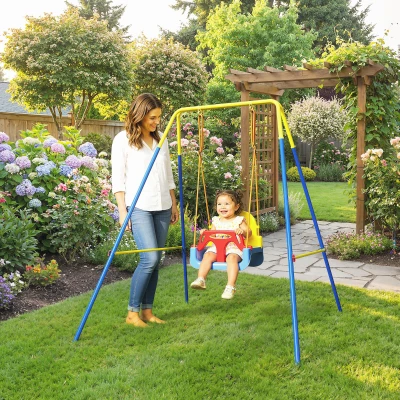 Qaba 3-in-1 Toddler Swing Set with Seat Belt, Adjustable Seat, Blue
