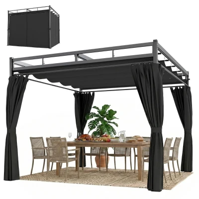 Outsunny 10' x 10' Outdoor Gazebo, Retractable Pergola Canopy with Curtains, UPF30+ Free Standing Metal Pergola Kit, Dark Grey