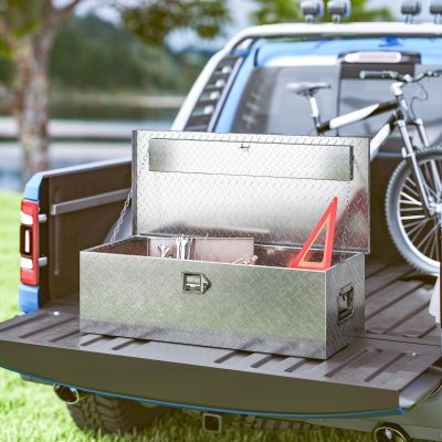 HOMCOM 30 Inch Truck Bed Tool Box, Heavy Duty Aluminum Diamond Plate Trailer Tongue Box with Side Handle and Locks Keys