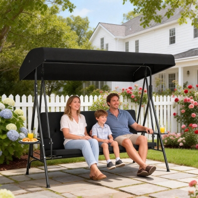 Outsunny 3-Seat Outdoor Porch Swing Patio Swing with Adjustable Canopy, Side Tray, Removable Cushion for Garden, Poolside, Black
